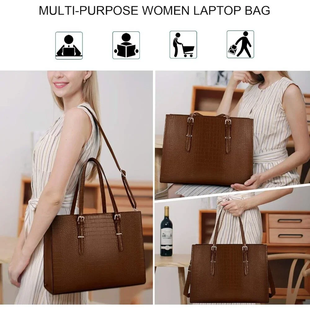 〽️Women Coffee Leather Waterproof Professional Shoulder Bag 15.6 Inch Laptop Bag